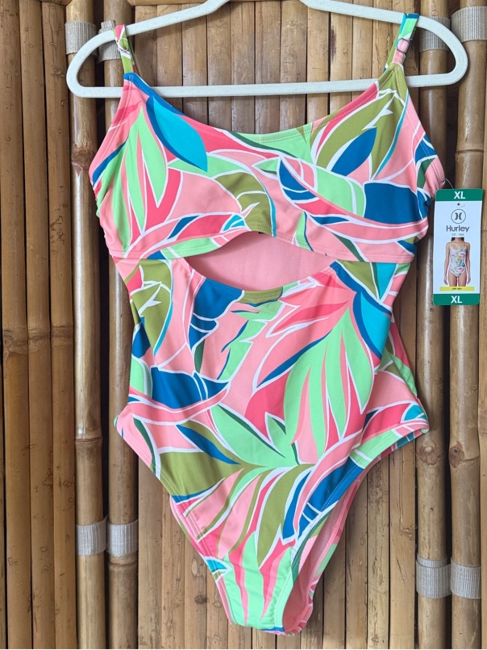 Hurley Coral, Lime & Blue Tropical Cutout One-Piece Swimsuit Size XL  NWT